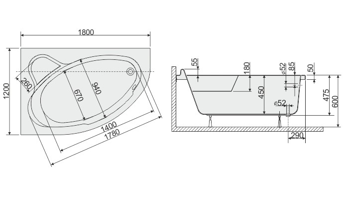 Sanplast Comfort WAL/CO wanna asymetryczna lewa 180x120 biały 610060054001000