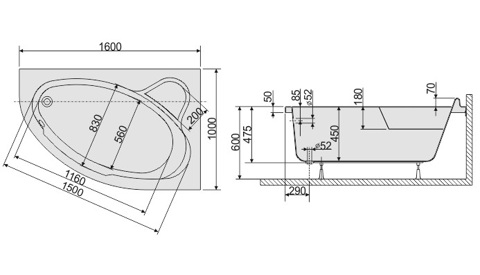Sanplast Comfort WAP/CO wanna asymetryczna prawa 160x100 biały 610060035001000