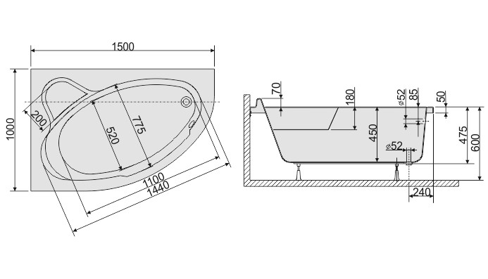 Sanplast Comfort WAL/CO wanna asymetryczna lewa 150x100 biały 610060024001000