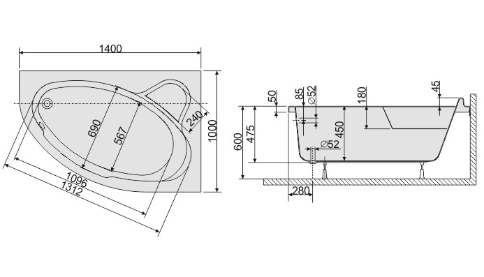 Sanplast Comfort WAP/CO wanna asymetryczna prawa 140x100 biały 610060020001000