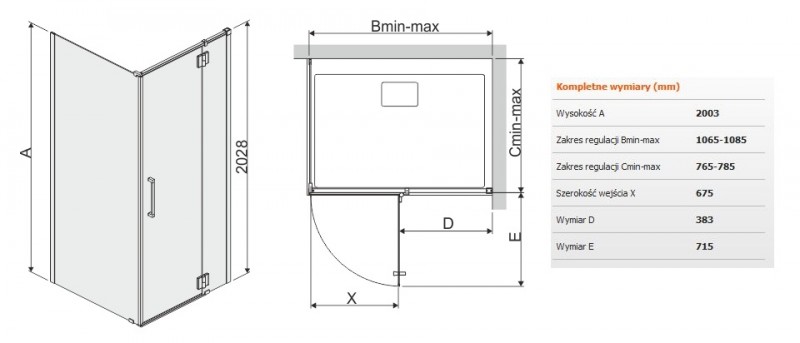 Sanplast Space Line KNDJ2P/SPACE kabina prostokątna 110x80 drzwi prawe 110 + ścianka stała 80 chrom przeźroczysta 600100116042401