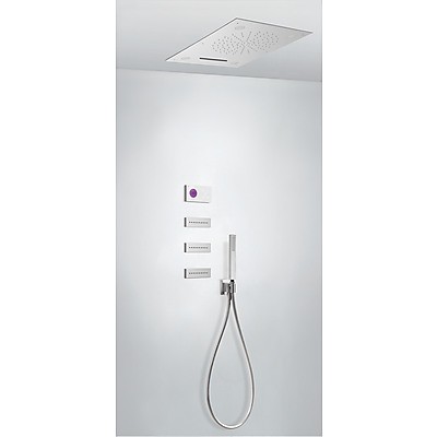 Tres Study Exclusive Shower Technology elektroniczny zestaw termostatyczny z deszczownicą sufitową 65x50 z chromoterapią, kaskadą i dyszami kompletny biały i chrom 092.864.02