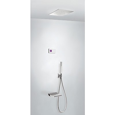 Tres Study Exclusive Shower Technology elektroniczny zestaw termostatyczny z deszczownicą sufitową 38x38 i wylewką kaskadą kompletny biały i chrom 092.863.15