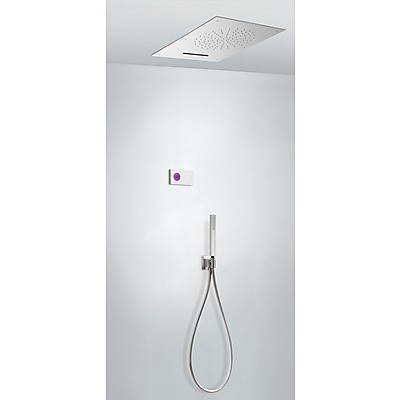 Tres Study Exclusive Shower Technology elektroniczny zestaw termostatyczny z deszczownicą sufitową 65x50 z kaskadą kompletny biały i chrom 092.863.04