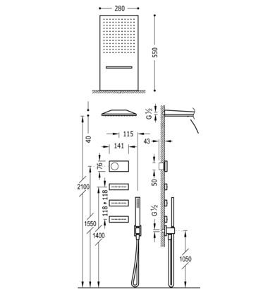 Tres Study Exclusive Shower Technology elektroniczny zestaw termostatyczny z deszczownicą ścienną 55x28 i dyszami  kompletny biały i chrom 092.864.08