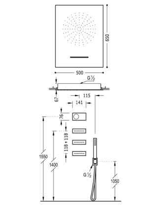 Tres Study Exclusive Shower Technology elektroniczny zestaw termostatyczny z deszczownicą sufitową 65x50 z kaskadą i dyszami kompletny biały i chrom 092.864.04