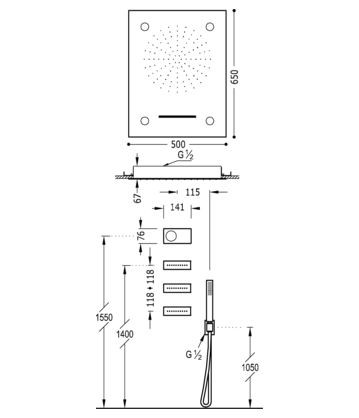 Tres Study Exclusive Shower Technology elektroniczny zestaw termostatyczny z deszczownicą sufitową 65x50 z chromoterapią, kaskadą i dyszami kompletny biały i chrom 092.864.02