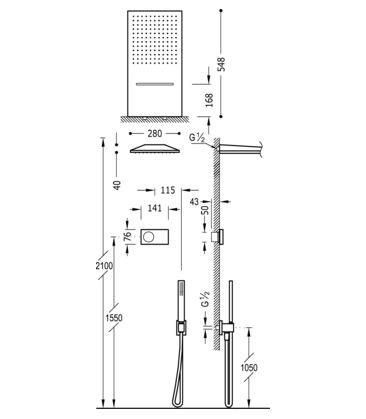 Tres Study Exclusive Shower Technology elektroniczny zestaw termostatyczny z deszczownicą ścienną 55x28 z kaskadą kompletny biały i chrom 092.863.08