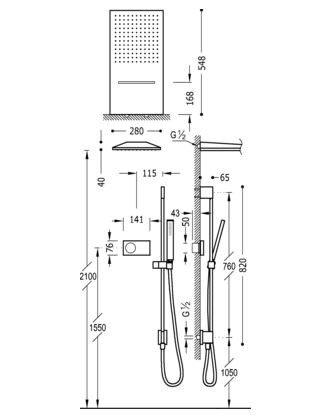 Tres Study Exclusive Shower Technology elektroniczny zestaw termostatyczny z deszczownicą ścienną 55x28 z kaskadą i zestawem z drążkiem kompletny biały i chrom 092.863.07