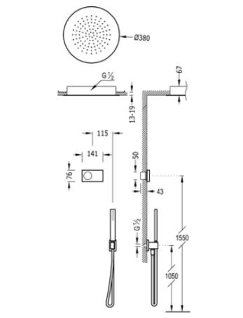 Tres Study Exclusive Shower Technology elektroniczny zestaw termostatyczny z deszczownicą sufitową 38x38 kompletny biały i chrom 092.865.55