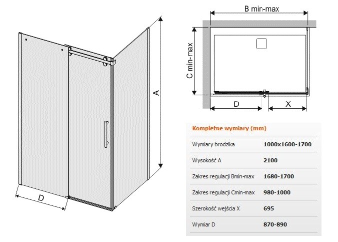Sanplast Altus KND2/ALTIIa kabina prostokątna drzwi przesuwne 100x160170 cm chrom połysk przeźroczyste 600121106142401