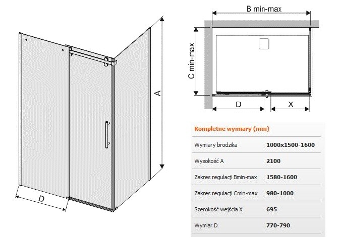 Sanplast Altus KND2/ALTIIa kabina prostokątna drzwi przesuwne 100x150160 cm chrom połysk przeźroczyste 600121105142401