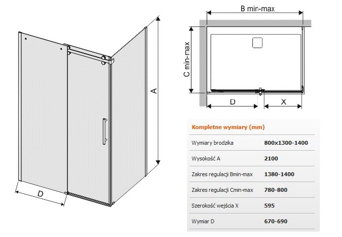 Sanplast Altus KND2/ALTIIa kabina prostokątna drzwi przesuwne 80x130140 cm chrom połysk przeźroczyste 600121083142401