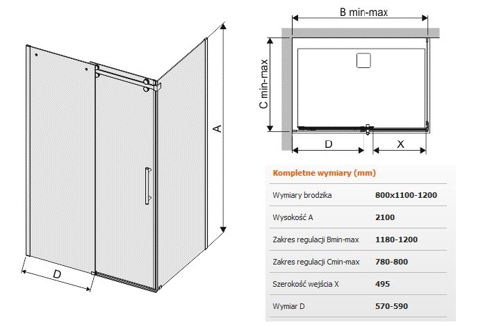 Sanplast Altus KND2/ALTIIa kabina prostokątna drzwi przesuwne 80x110120 cm chrom połysk przeźroczyste 600121081142401