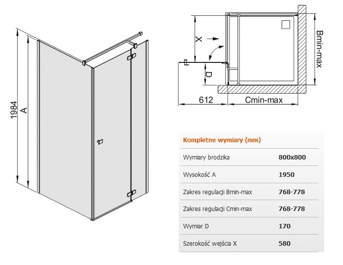 Sanplast Free Line KNDJ2/FREE kabina kwadratowa 80x80 drzwi otwierane + ścianka stała chrom przeźroczysta 600260060042401