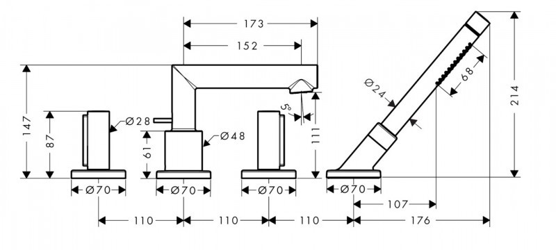 Axor Uno bateria wannowa 4-otworowa na brzeg wanny uchwyt zero nikiel szczotkowany 45444820
