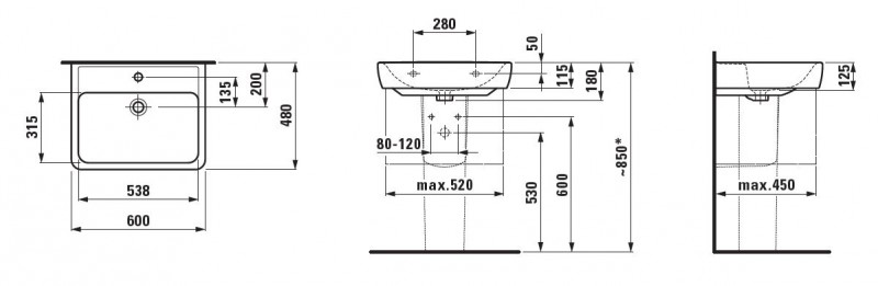 Laufen Pro-A umywalka wisząca 60cm z otworem biały H8189520001041