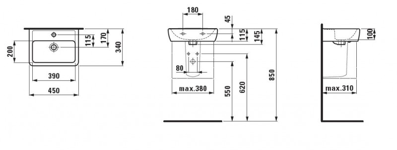 Laufen Pro-A umywalka wisząca 45cm z otworem biały H8119510001041