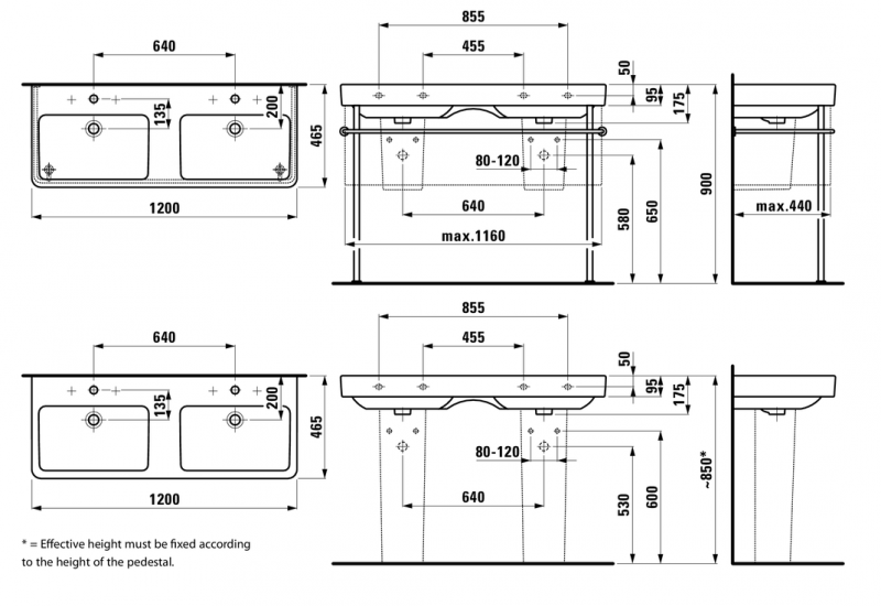 Laufen Pro-S umywalka podwójna dwukomorowa 120cm bez otworów biały H8149660001091