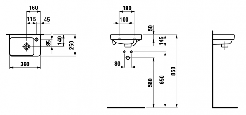 Laufen Pro-S umywalka asymetryczna mała 36cm z otworem po prawej stronie biały H8159600001041