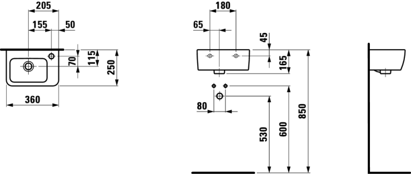 Laufen Pro-A umywalka asymetryczna mała 36cm z otworem po prawej stronie biały H8169550001061