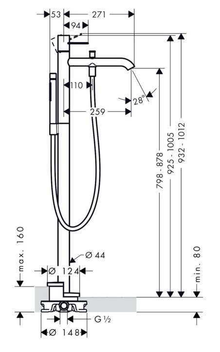Axor Uno bateria wannowa wolnostojąca uchwyt zero nikiel szczotkowany 45416820