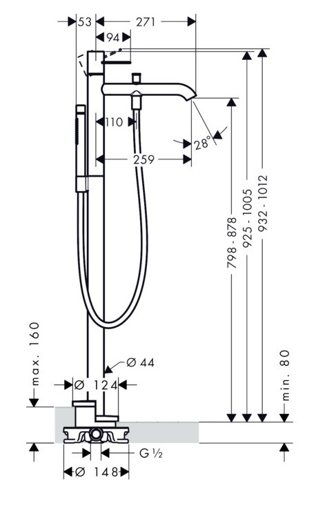 Axor Uno bateria wannowa wolnostojąca uchwyt loop chrom połysk 38442000