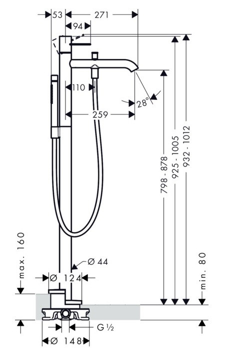 Axor Uno bateria wannowa wolnostojąca uchwyt zero chrom połysk 45416000