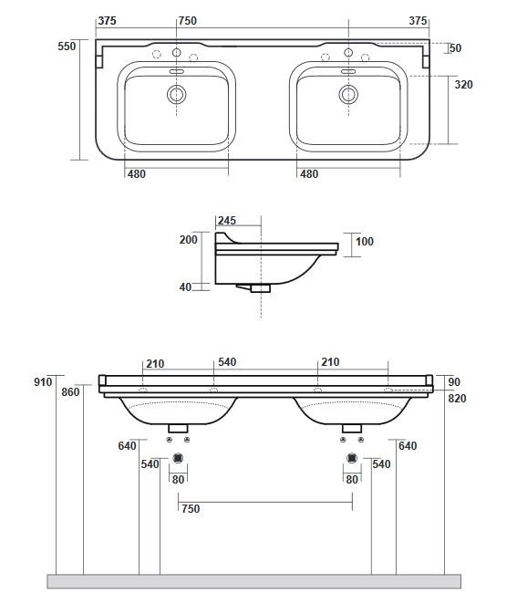Kerasan Waldorf umywalka podwójna 150x55 cm retro biały oro złoty 4143K2