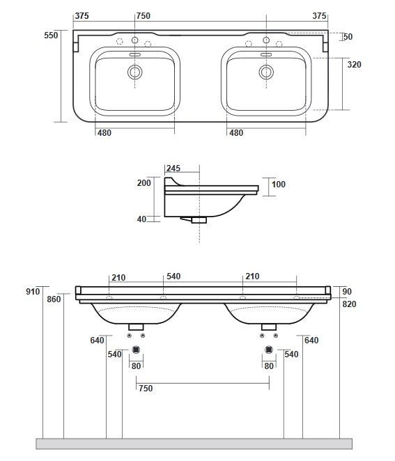 Kerasan Waldorf umywalka podwójna 150x55 cm retro nero czarny brąz 4143K6