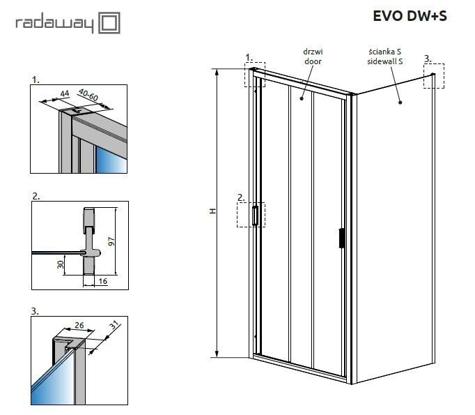 Radaway Evo DW+S kabina 80x100 drzwi przesuwne 80 i ścianka 100 chrom przeźroczyste Easy Clean 335080-01-01 + 336100-01-01