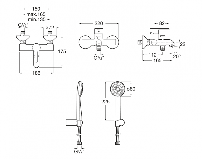 Roca Carelia bateria wannowa ścienna z zestawem natryskowym chrom A5A018AC0K