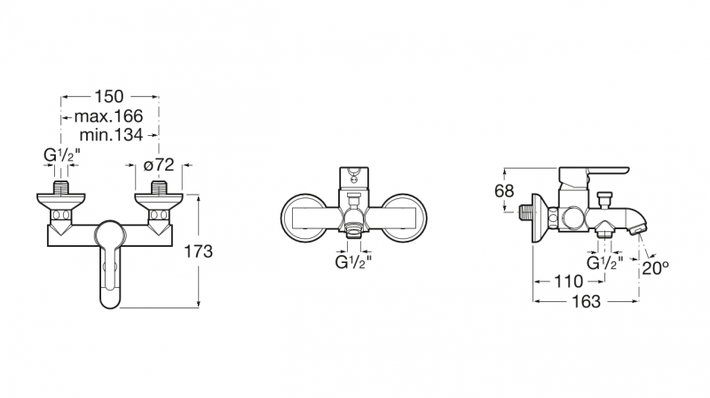 Roca Carelia bateria wannowa ścienna chrom A5A028AC0K