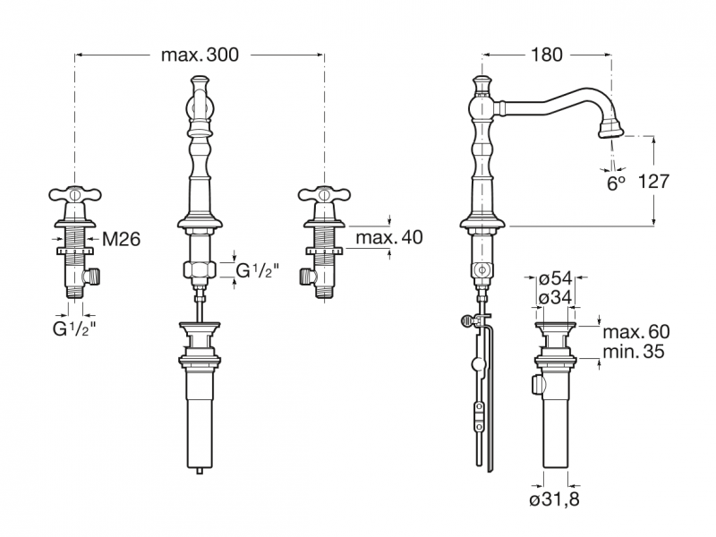 Roca Carmen bateria umywalkowa wysoka trzyotworowa retro z korkiem chrom A5A444BC00