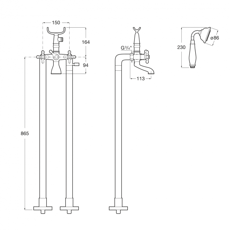 Roca Carmen bateria wannowa wolnostojąca retro chrom A5A274BC00