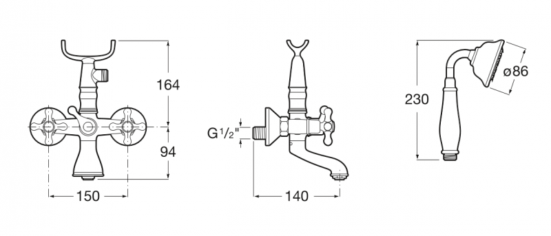 Roca Carmen bateria wannowa ścienna z zestawem natryskowym retro chrom A5A014BC00
