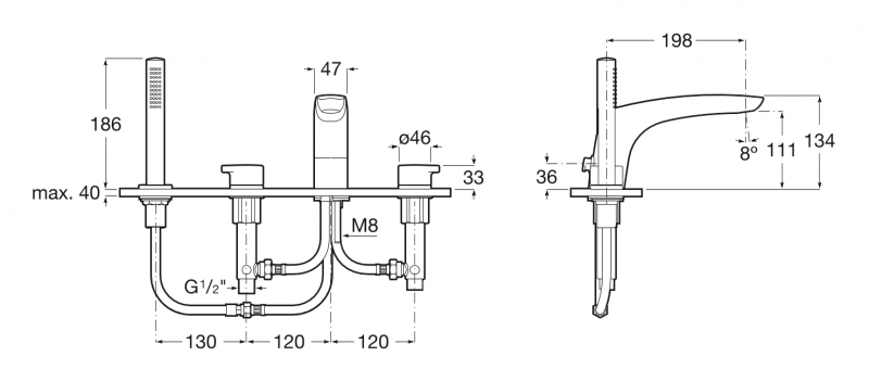 Roca Insignia bateria wannowa czterootworowa wylewka 223 mm chrom A5A093AC00