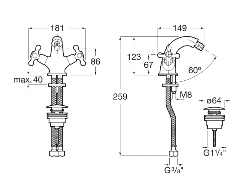 Roca Carmen bateria bidetowa retro z korkiem chrom A5A6A4BC00