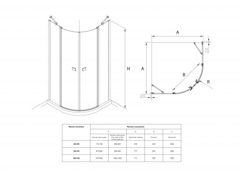 Roca Capital Rondo kabina półokrągła 80x80 drzwi otwierane z polem stałym chrom przeźroczyste MaxiClean AM4308012M