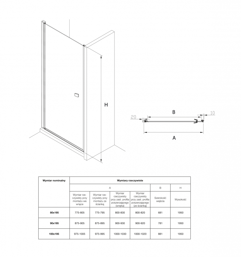 Roca Capital drzwi do wnęki wahadłowe 80 cm chrom przeźroczyste MaxiClean AM4708012M