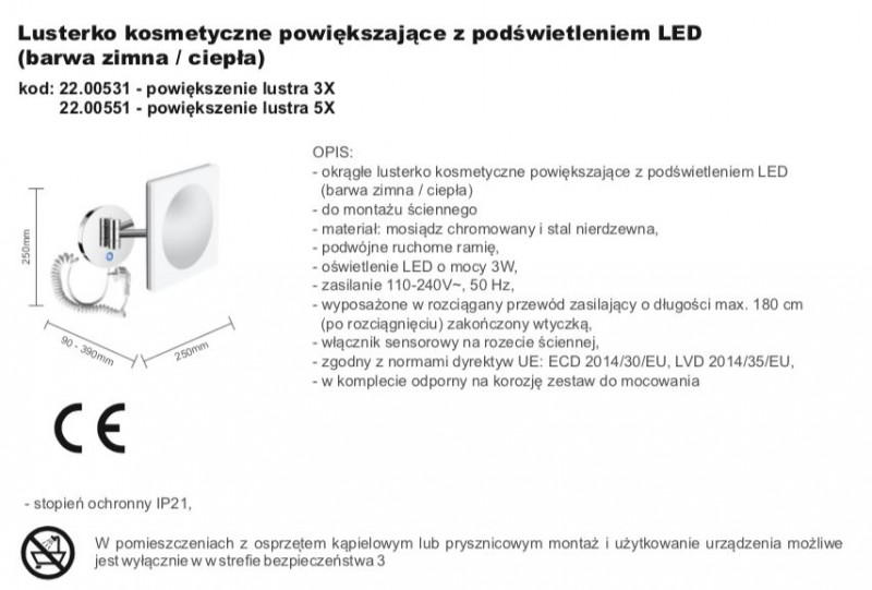 Stella lusterko kosmetyczne powiększające x3 podświetlane LED ruchome chrom 2200531