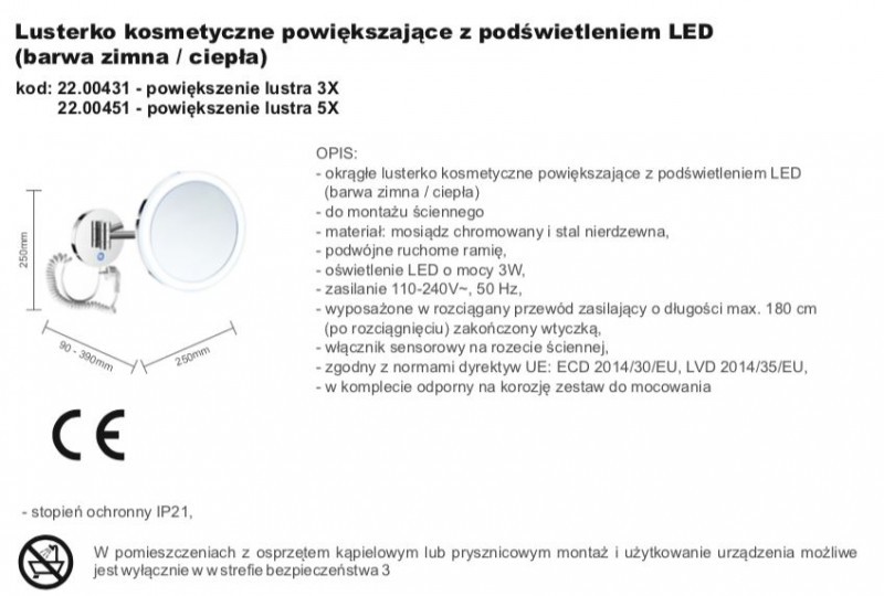 Stella lusterko kosmetyczne powiększające x3 podświetlane LED ruchome chrom 2200431