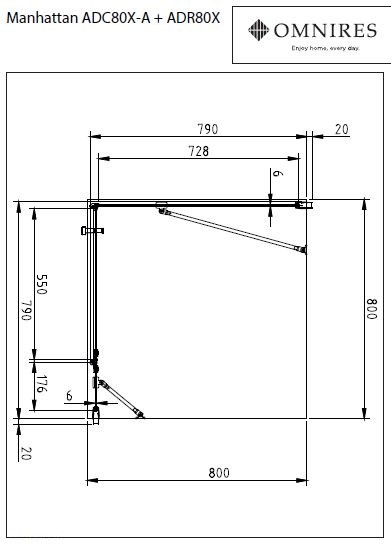 Omnires Manhattan kabina kwadratowa 80x80 drzwi otwierane 80 + ścianka boczna 80 L/P chrom połysk przeźroczyste Easy Clean MH8080CRTR