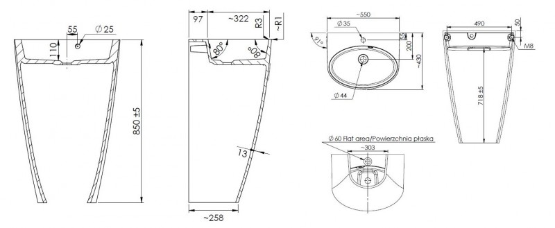 Omnires SIENA Marble+ umywalka wolnostojąca z otworem 55x43 lany marmur biały SIENAUWBP