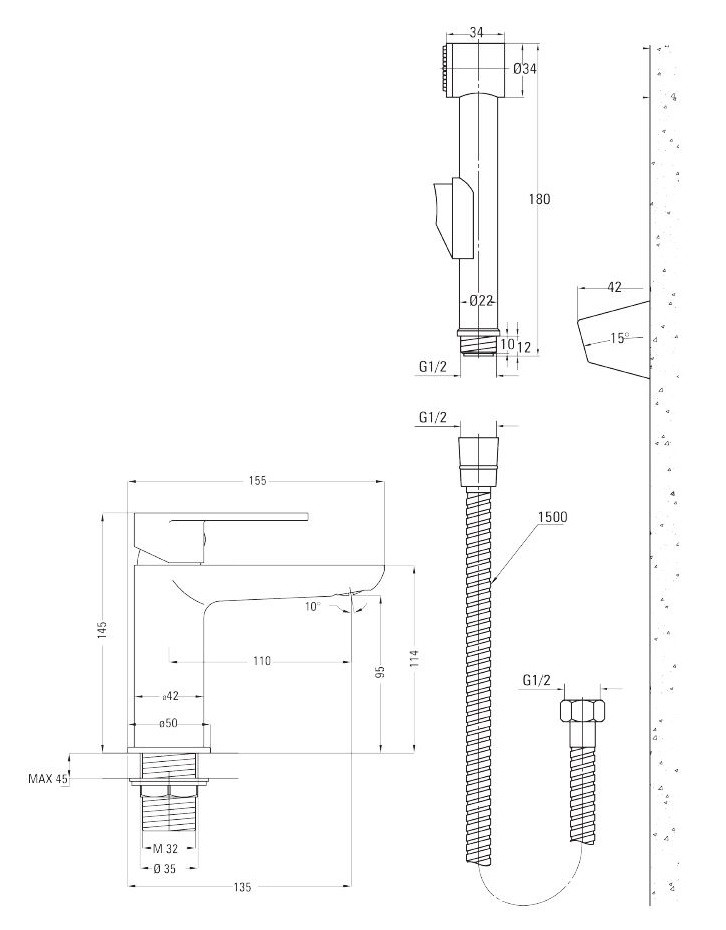 Deante Alpinia bateria umywalkowa z słuchawką typu bidetta i korkiem chrom połysk BGA027M