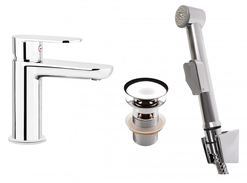 Deante Alpinia bateria umywalkowa z słuchawką typu bidetta i korkiem chrom połysk BGA027M