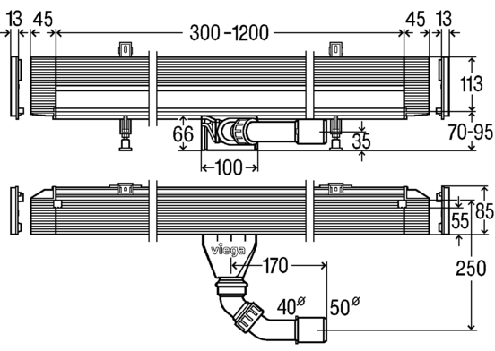 Viega Advantix Vario odpływ liniowy ścienny niski 7cm na wymiar do 120 cm + ruszt stal błyszcząca 736736 + 736576