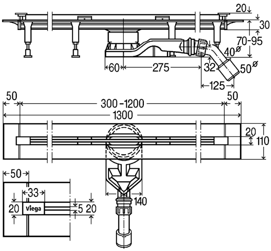 Viega Advantix Vario 4966.10 odpływ liniowy niski 7cm na wymiar do 120cm + ruszt stal matowa 721671 + 686284
