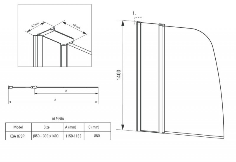 Deante Alpinia parawan nawannowy 115 cm wys 140 cm L/P chrom szkło przeźroczyste KGA073P