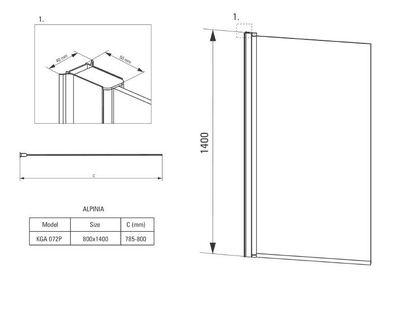 Deante Alpinia parawan nawannowy 80 cm wys 140 cm L/P chrom szkło przeźroczyste KGA072P